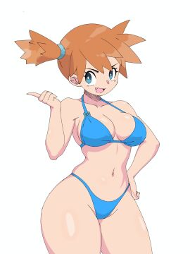 :d bikini blue_bikini blue_eyes bocci breasts bright_pupils cleavage collarbone cowboy_shot female hand_on_own_hip hand_up index_finger_raised kasumi_(pokemon) large_breasts legs looking_at_viewer medium_breasts navel oerba_yun_fang open_mouth orange_hair pokemon pokemon_(anime) pokemon_(classic_anime) pokemon_rgby ponytail short_hair side_ponytail simple_background smile solo swimsuit thick_thighs thighs white_background white_pupils wide_hips