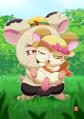 absurd_res armor balls bodily_fluids boss_(hamtaro) clothing cricetid duo female female_feral female_penetrated feral feral_on_feral feral_penetrated feral_penetrating feral_penetrating_feral fur genitals grass hamster hamtaro_(series) hamtaroso hard_hat hat headgear headwear helmet hi_res larger_male male male/female male_feral male_penetrating male_penetrating_female mammal one_eye_closed orange_ribbon oshare_(hamtaro) penetration penile penile_penetration penis penis_in_vagina plant reverse_carry_position rodent sex signature size_difference smaller_female smaller_penetrated sun_hat sweat tan_body tan_fur tapering_penis vaginal_penetration