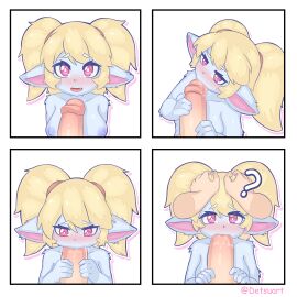 absurd_res anthro blonde_hair blue_body blue_fur detsu duo fellatio female fur hair hand_on_head hi_res league_of_legends male male/female oral penile penis poppy purple_eyes riot_games sex tencent twintails yordle