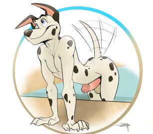 anthro ass balls bent_over black_nose canid canine canis claws dalmatian domestic_dog dragondrawer finger_claws fur genitals hi_res humanoid_genitalia male mammal markings nude nude_anthro nude_male penis pool solo spots spotted_body spotted_fur tail tail_motion tailwag water white_body white_fur