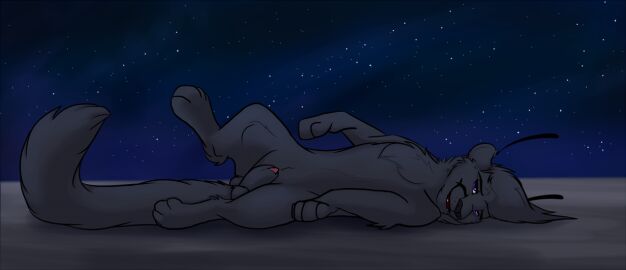 animal_genitalia balls bedroom_eyes black_body black_fur caraluca digital_drawing_(artwork) digital_media_(artwork) fangs felid feline feral fur genitals looking_at_viewer lying male mammal myshanti_(character) narrowed_eyes night on_ground on_side outside pantherine paws penis penis_tip purple_eyes seductive sheath sky smile solo spread_legs spreading star starry_sky tail teeth