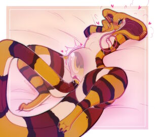 2024 alienpoosy anthro autopenetration biped blush breasts brown_body cobra digital_media_(artwork) eyewear female fora forked_tongue furgonomics furry-specific_piercing genitals glasses heart_symbol hi_res long_tongue lying markings masturbation multicolored_body on_back penetration piercing pussy reptile ring_(marking) ringed_tail round_glasses scalie small_breasts snake snake_hood snake_hood_piercing solo stomach_bulge striped_markings striped_tail stripes tail tail_fetish tail_in_pussy tail_insertion tail_markings tail_play tongue vaginal_penetration white_body yellow_body