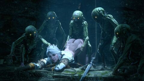 1girls 3d ambiguous_penetration ass ass_up bubble_butt cd_projekt_red ciri defeated defeated_heroine female freckles green_eyes half-dressed half_naked head_grab hip_grab light-skinned_female male mascara monster multiple_monsters nekker penetration penis sex sword the_witcher_(series) the_witcher_3:_wild_hunt white_hair winterssfm