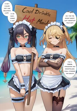 2girls ai_generated alternate_costume apron arm_garter bandeau bare_shoulders beach bikini black_choker black_hair black_ribbon black_skirt black_thighhighs blonde_hair blue_sky blush bow breasts bridal_garter choker closed_eyes closed_mouth cloud collarbone cowboy_shot crop_top crossed_arms day detached_sleeves earrings embarrassed english_text enmaided eyepatch fischl_(genshin_impact) frilled_skirt frills garter_straps green_eyes hair_ornament hair_over_one_eye hair_ribbon holding jewelry long_hair maid maid_apron maid_bikini maid_headdress midriff miniskirt mona_(genshin_impact) multiple_girls nail_polish navel ocean outdoors purple_hair purple_nails ribbon single_garter_strap single_thighhigh skirt sky small_breasts smile speech_bubble standing star_\\\\(symbol\\\\) star_earrings stomach strapless swimsuit thigh_strap thighhighs thighs tree twintails two_side_up vysetf waist_apron wrist_cuffs