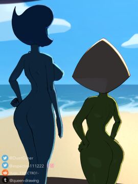 alien alien_girl alien_humanoid ass beach big_ass big_breasts big_butt blue_body blue_hair breasts cartoon_network casual female gem gem_(species) green_skin huge_ass lapis_lazuli_(gem) lapis_lazuli_(steven_universe) naked naked_female nonsexual_nudity nudist peridot peridot_(steven_universe) small_breasts small_waist smaller_female steven_universe tall_female taller_female u/hugo_espectro1- yellow_hair