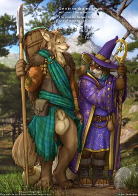 2024 absurd_res animal_genitalia anthro balls big_balls biped blue_hair blush brown_body brown_fur brown_hair canid canine canis clothing detailed_background digital_media_(artwork) dungeons_and_dragons duo felid feline female female_anthro flustered fully_sheathed fur furry genitals hair hasbro hat headgear headwear hermia_idril hi_res holding_melee_weapon holding_object holding_polearm holding_spear holding_staff holding_weapon johnathan_o'cain magic_user male male_anthro mammal melee_weapon multicolored_body multicolored_fur multicolored_hair nature nature_background outside paws plantigrade polearm sheath shield_on_back spear staff standing tabaxi tan_balls tan_body tan_fur tan_sheath the_gentle_giant trans_woman transfem two-tone_body two-tone_fur two-tone_hair wardrobe_malfunction warrior weapon whiskers white_body white_fur wizard_hat wizard_robe wizards_of_the_coast wolf