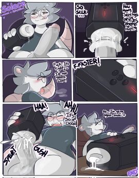 2024 4_fingers 6_panel_comic advertisement after_sex american_opossum anthro aroused balls blush bodily_fluids border bottomless bottomless_anthro bottomless_male breath chair circumcised closed_eyes clothed clothing cum cum_in_sex_toy dialogue edgar_(spicykiwi) ejaculation ellipsis english_text erection exclamation_point eye_roll eyewear femboy fingers front_view fur furniture gay gay_male genital_fluids genitals glans glasses grey_balls grey_body grey_clothing grey_fur grey_hair grey_penis grey_shirt grey_topwear hair hand_on_chest heart_symbol hi_res holding_object holding_sex_toy homosexual homosexual_male horizontal_blockage humanoid_genitalia humanoid_penis leaking_cum licking licking_lips looking_pleasured lovense lovense_solace male male_penetrated mammal marsupial masturbation navel open_mouth orgasm orgasm_face penetrable_sex_toy penis pink_glans pink_tail precum profanity question_mark relaxing round_glasses sequence sex_toy shirt side_view sitting solo solo_male spicykiwi tail teeth text tilde_after_text tongue tongue_out topwear virginia_opossum white_body white_border white_fur yellow_eyes