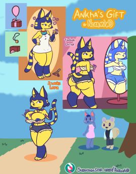 absurd_res animal_crossing ankha ankha_(animal_crossing) anthro ass big_ass big_breasts big_butt blue_hair bottomwear breast_expansion breast_growth breast_growth_(enlargement) breasts cleavage cleavage_overflow clothed clothing comic domestic_cat expansion felid feline felis female hair hair_flip hi_res hotpants huge_ass huge_breasts huge_butt male mammal nintendo nokamiwd sequence short_stack shorts simple_background solo_focus thick_thighs topwear yellow_body