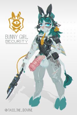 animal_genitalia animal_penis anthro balls bovid bovine bow_tie breasts bunny_costume cattle clothed clothing costume crossdressing digital_media_(artwork) ear_piercing ear_tag equine_genitalia equine_penis erection fake_ears fake_rabbit_ears female femboy futanari genitals green_hair hair hi_res horn intersex leather leather_clothing leather_topwear legwear male mammal necktie open_mouth penis piercing simple_background solo stockings tail taloss tass_the_bovine topwear weapon