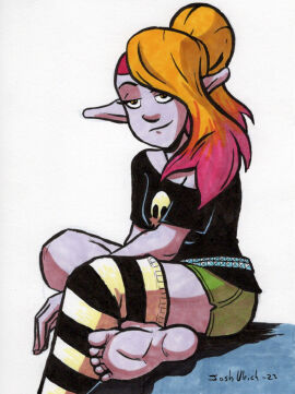 1girls absurd_res artist_name barefoot dark_elf dark_elf_female drow dungeons_and_dragons dyed_hair elf_ears elf_female feet female female_focus foot_fetish foot_focus grey_skin gwen_gearheart_(newman) hi_res inminent_foot_worship joshulrich_(artist) looking_at_viewer newman_(webcomic) one_bare_foot one_stocking punk_girl soles suggestive_look teasing teasing_viewer toes webcomic webtoon white_background