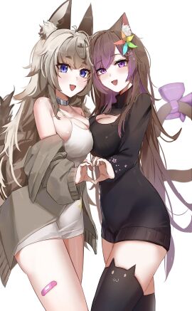 2girls :d animal_ear_fluff animal_ear_legwear animal_ears asymmetrical_docking bandaid bandaid_on_leg bangs bare_shoulders black_dress black_sweater black_thighhighs blue_eyes bow breast_press breasts brown_hair cat_ear_legwear cat_ears cat_girl cat_tail choker cleavage cleavage_cutout clothing_cutout cowboy_shot dress female flower foxplushy grey_hair hair_flower hair_ornament heart heart_hands heart_hands_duo jacket large_breasts long_hair long_sleeves looking_at_viewer multiple_females multiple_girls nekoella off_shoulder open_clothes open_mouth purple_bow purple_eyes purple_hair simple_background smile sstthei sweater symmetrical_docking tail tail_bow tail_ornament thighhighs thighs very_long_hair virtual_youtuber white_background white_choker white_dress