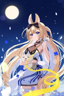1girls animal animal_ears bangs bare_shoulders black_choker blonde_hair blue_eyes blue_ribbon blush bow breasts bunny_ears bunny_girl choker cleavage closed_mouth dress eyebrows_visible_through_hair female full_moon hair_between_eyes hair_bow hair_ribbon holding long_hair looking_at_viewer medium_breasts moon night night_sky petals ribbon sky sleeveless_dress small_breasts smile solo standing star_(sky) starry_sky thigh_strap very_long_hair virtual_youtuber vyugen white_dress yenko