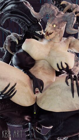 2girls 3d alien_(franchise) alien_girl alien_humanoid big_breasts breasts crossover deathclaw earless exoskeleton eyebrowless fallout female female_deathclaw female_only female_xenomorph huge_breasts kingbigballs lipless pussy xenomorph xenomorph_queen