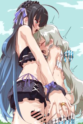 1futa 1girls ahoge assault_lily bar_censor bikini bikini_skirt black_bikini black_hair black_hairband black_nails blue_eyes blue_hair breasts censored clothed clothing duo erection female from_side futa_on_female futa_with_female futanari gradient_hair green_hair grey_hair hair_ribbon hairband human intersex jewelry kanabako_misora light-skinned_female light-skinned_futa light_skin long_hair mostly_nude mototenn mozuna_noa multicolored_hair open_mouth penis purple_ribbon ribbon ring smile standing sweat swimsuit thigh_sex wrist_cuffs x-ray