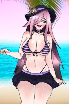 1girls beach bikini blush breasts day female latam_virtual_youtuber long_hair neneefthy outdoors pink_hair pool-skirt public solo_female swimsuit tagme thighs virtual_youtuber vtuber vtuberfanart wicho_mask