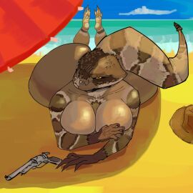 1girls alternate_version_available anthro ass ass_bigger_than_head beach beach_umbrella big_ass big_breasts big_butt bottom_heavy breasts bubble_ass bubble_butt curvaceous curvy curvy_figure elapid_(snake) feet_up female female_only front_view gun hat huge_ass huge_breasts iljajop looking_at_viewer nude ocean ocean_background rattle_(anatomy) rattlesnake scalie snake snake_girl solo solo_female sunbathing tagme tail umbrella voluptuous voluptuous_female weapon wide_hips yellow_sclera