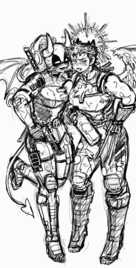 2girls :p adapted_costume angel angel_wings belt big_breasts boots bottle breasts butch claw_(weapon) cleavage cleavage_cutout clothing_cutout deadpool_&_wolverine_(2024) demon demon_girl demon_horns demon_tail demon_wings dishing female full_body genderswap genderswap_(mtf) gloves gun halloween holding holding_bottle holding_gun holding_weapon horns katana lady_deadpool ladypool large_breasts long_hair looking_to_the_side marvel marvel_cinematic_universe marvel_comics mask mask_lift medium_breasts medium_hair monochrome multiple_females multiple_girls open_mouth ponytail rule_63 scar smile sword tail thick_thighs thighs tomboy tongue tongue_out torn_clothes wanda_wilson weapon weapon_on_back wings wolverine_(x-men) x-men yuri