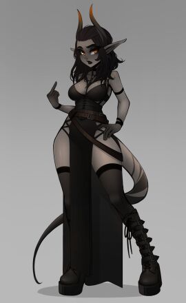 1girls belt black_dress black_hair black_lips black_thighhighs boots breasts choker cleavage clothed demon demon_girl dress female full_body genderswap_(mtf) goth goth_girl grey_background grey_skin hip_vent knee_boots long_pointy_ears medium_breasts middle_finger midriff multiple_belts narrow_waist navel orange_eyes pelvic_curtain platform_boots pointy_ears rule_63 solo tail the_invitation_(comic) thick_eyebrows thighhighs variant_set william_loving_iii_(incase) zackargunov