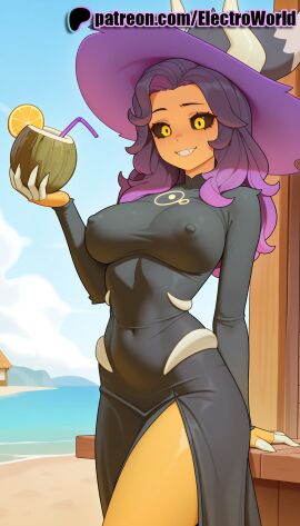 1girls 2025 ai_generated artist_name beach blue_sky breasts bust chest covered_nipples cup day disney dress drink drinking_glass drinking_straw electroworld female food fruit grin hat hi_res high_quality high_resolution highres latina latina_female lemon lemon_slice luz_noceda ocean orange_(fruit) patreon patreon_username sky smile solo stable_diffusion sun_hat the_owl_house tropical_drink watermark witch witch_hat yellow_eyes