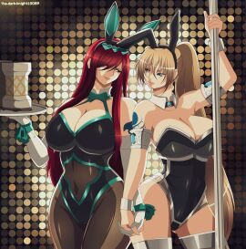 2girls blonde_hair blue_eyes breasts bunny_ears bunnysuit cleavage crane_yuzuriha crossover duo erza_scarlet fairy_tail female female_only hand_holding huge_breasts ingridd88 large_breasts long_hair ponytail saint_seiya saint_seiya:_the_lost_canvas silver_saints thighhighs wide_hips