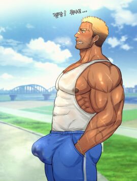 1boy adam's_apple bandaid bandaid_on_face bandaid_on_nose bara beard_stubble biceps blonde_hair blue_pants blurry blurry_background bracelet brown_eyes bulge coco342 covered_abs cum cum_in_clothes cum_through_clothes ear_piercing earrings facial_hair gradient_hair hand_in_pocket highres jewelry korean_text large_pectorals large_variant_set male male_focus male_only multicolored_hair muscular muscular_male mustache_stubble nipples original outdoors pants pectorals piercing scar scar_on_arm scar_on_face short_hair sidepec solo stubble tank_top track_pants translation_request variant_set veins white_tank_top yaoi