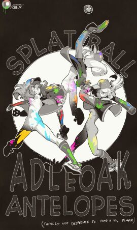 3girls ass bangs baseball_bat baseball_cap baseball_glove ben_day_dots bottomless breasts casual_exposure catching cede_(creux) clitoris creux english_text eyelashes female greyscale grin jacket kneesocks lucia_(creux) movement nipples on_one_leg open_jacket original paint_on_body paint_on_clothes paint_splatter pitching pussy raised_arm rear_view riley_(creux) side_boob small_breasts sneakers splatball spot_color
