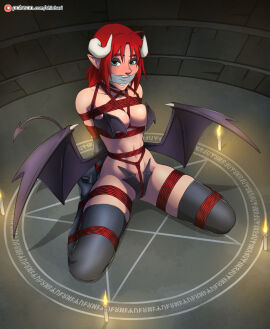 1girls arms_behind_back arms_tied arms_tied_behind_back bare_shoulders basement big_breasts bikini bikini_bottom bikini_top black_stockings black_thighhighs bondage bottomwear bound bound_ankles bound_arms bound_legs bound_wrists bra breast_bondage breasts candle captured captured_female crotch_rope demon demon_girl demon_horns demon_tail demon_wings enjoying female female_only femsub frogtie fully_clothed gag gagged green_eyes heels helpless hi_res high_heels high_resolution highres hips horn horns immobile kneeling light-skinned_female light_skin looking_at_viewer loving_it magic_circle medium_breasts narrowed_eyes on_knees panties powerless pussy red_hair redhead restrained restrained_arms restrained_legs restrained_wrists restraints revealing_clothes ritual robyn_(shio-bari) room rope rope_between_breasts rope_between_pussy rope_bondage rope_harness shackled shackles shio-bari skimpy_clothes slave slave_girl solo solo_female solo_focus spread_legs spreading stockings stockings_thigh_highs submissive submissive_female summoning summoning_circle surrendering symbol tape tape_gag taped_mouth thighs tied tied_arms tied_hands tied_legs tied_up topwear underwear