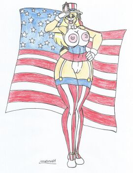 4th_of_july american_flag american_flag_hat american_flag_legwear anthro beige_fur big_breasts big_hips blonde_hair bowtie breasts buff_bouncy_(waifuland) corset earrings exposed_breasts exposed_pussy eyeshadow female furry gloves green_eyes hare hat high_heels holidays lipstick looking_at_viewer marlon64 pussy solo_female stockings topper traditional_drawing_(artwork) waifuland white_background white_fur