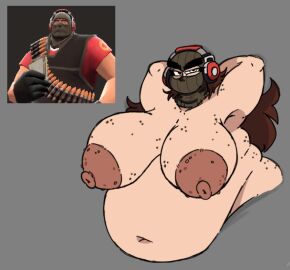 1girls areolae arms_behind_back big_belly big_breasts breasts chubby chubby_female cristina_(sillytoad) fat female femheavy freckles freckles_on_face headset heavy_(team_fortress_2) heavy_weapons_guy huge_breasts large_breasts long_hair looking_at_viewer masked masked_female naked naked_female original original_character sillychubbytoad solo solo_female team_fortress_2 wide_hips