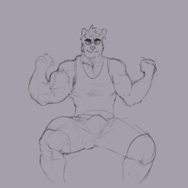 2021 absurd_res akita anthro bau_(melaisen) black_eyebrows bottomwear bulge canid canine canis clothed clothed_anthro clothed_male clothing digital_drawing_(artwork) digital_media_(artwork) domestic_dog erection erection_under_clothing eyebrows facial_hair fist grey_background greyscale growth hi_res male mammal melaisen monochrome muscle_growth muscles portrait shirt simple_background sitting smile solo spitz spot_color tank_top teeth three-quarter_portrait topwear veiny_arms yellow_eyes