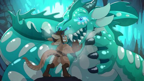 16:9 2023 4_arms 4_fingers 4k absurd_res ambiguous_gender antennae_(anatomy) anthro biped blue_eyes bodily_fluids brown_body brown_fur claws digital_drawing_(artwork) digital_media_(artwork) dragon drooling european_mythology female fingers fur genitals glistening glowing glowing_eyes green_body hi_res hybrid hypnosis imminent_vore long_tail mammal mind_control multi_arm multi_limb mustelid mythological_creature mythological_scalie mythology nude open_mouth otter pussy rakko_(character) saliva scalie sexotheque sharp_teeth size_difference smile tail teeth tempura_(character) widescreen wyrm_(dragon)