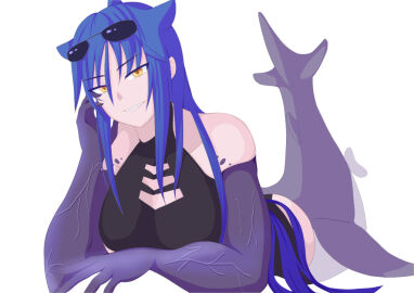 1girls abs athletic athletic_female blue_hair clothed female hands_behind_head koo0510 mako_(monster_girl_island) merfolk mermaid mershark monster_girl monster_girl_island muscular muscular_female orange_eyes pokies shark_girl shark_humanoid toned toned_abs toned_female