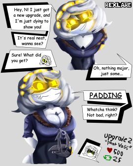 big_breasts breast_expansion breast_growth breast_growth_(enlargement) breasts cleavage disassembly_drone expansion female glitch_productions murder_drones n_(murder_drones) rexlare robot robot_girl robot_humanoid tagme text v_(murder_drones) white_body