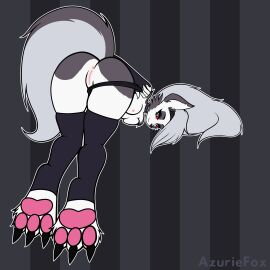1:1 absurd_res anthro anus ass azuriefox canid canid_demon canine clothing demon female fetter fingers fluffy fluffy_tail fur furry_tail genitals gloves grey_body grey_fur handwear hellhound helluva_boss hi_res legwear looking_at_viewer loona_(helluva_boss) mammal mythological_canine mythological_creature mythology pink_pussy presenting presenting_pussy pussy rear_view red_sclera simple_background solo tail thigh_highs white_background white_eyes