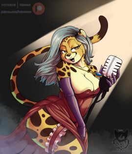 absurd_res amber_(batartcave) anthro areola areola_slip batartcave breasts brown_body brown_fur cheetah cleavage clothed clothing countershading electronics felid feline female fur hi_res mammal markings microphone multicolored_body multicolored_fur nipple_outline open_mouth open_smile orange_body orange_eyes orange_fur smile solo spots spotted_body spotted_fur tan_body tan_fur