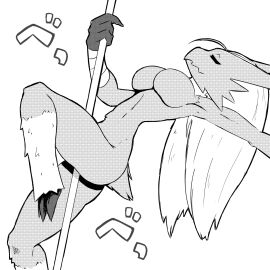 1:1 akatosh_el_shota_furro avian bandage beak big_breasts bird blaziken breasts chicken claws closed_eyes dancing feathers female galliform gallus_(genus) generation_3_pokemon hi_res humanoid monochrome nintendo onomatopoeia phasianid pokemon pokemon_(species) pole pole_dancing short_tail slim solo sound_effects tail text