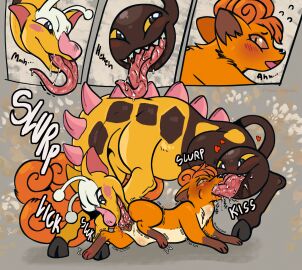 ambiguous_gender animal_genitalia animal_pussy blush bodily_fluids brown_body brown_fur canid canine canine_genitalia canine_pussy cheek_bulge cunnilingus deep_cunnilingus drooling duo female feral fur generation_1_pokemon generation_2_pokemon genital_fluids genitals girafarig hi_res hooves licking living_tail mammal markings multicolored_body nintendo open_mouth oral orange_body orange_fur penetration pokemon pokemon_(species) prince-vulpine pussy saliva saliva_string sex simple_background smile spikes spitroast stomach_bulge tail tail_head tail_mouth teeth text throat_bulge tongue tongue_in_pussy tongue_in_throat tongue_inside tongue_out unusual_anatomy unusual_tail vaginal_fluids vaginal_penetration vulpix yellow_body