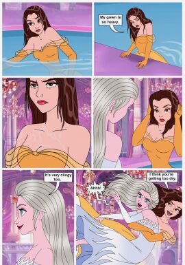 2girls beauty_and_the_beast_(1991_film) belle_(beauty_and_the_beast) breasts clothing comic crossover disney disney_princess dress elsa_(frozen) female frozen_(film) lipstick serisabibi small_breasts water