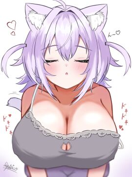 1girls ahoge animal_ear_fluff animal_ears blush breasts cat_cutout cat_ears cleavage cleavage_cutout closed_mouth clothing_cutout facing_viewer female hair_intakes heart hololive hololive_gamers hololive_japan huge_breasts incoming_kiss nekomata_okayu open_mouth purple_hair ryuuupico_24 short_hair signature simple_background solo upper_body virtual_youtuber white_background