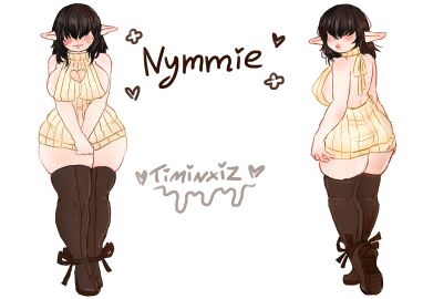 ass bangs_over_eyes big_ass big_breasts big_thighs breasts bubble_ass bubble_butt busty chubby_female cleavage clothed elf elf_ears elf_female female hair_over_eyes nervous_expression nervous_sweat nymmie nymmie_(timinxiz_) nymmie_the_elf pinup sexy shy_expression thick_thighs timinxiz virgin_killer_sweater