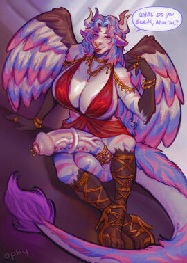 4_horns anthro areola areola_slip avian back_wings balls bird blue_body blue_feathers blue_fur bovid bovine brown_body brown_scales cattle chimera clothing curved_horn deity dialogue dragon english_text erection facial_piercing feathered_wings feathers footwear foreskin frenum_piercing fur furred_dragon furred_scalie futanari genital_piercing genitals gold_cock_ring half-closed_eyes high_heeled_sandals high_heels horn hybrid hybrid_genitalia hybrid_penis intersex mammal medial_ring multi_horn multicolored_body multicolored_feathers multicolored_fur mythological_creature mythological_scalie mythology narrowed_eyes nose_piercing nose_ring penis penis_piercing piercing pink_body pink_feathers pink_fur prince_albert_piercing purple_areola ratsxteeth ring_piercing sandals scales scalie shoes skimpy_dress smile solo speech_bubble tail tail_tuft text tuft uncircumcised vein veiny_penis white_body white_feathers white_fur wings