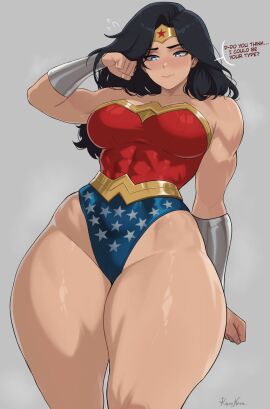 abs absurdres artist_name bare_legs bare_shoulders black_hair blue_eyes blush bracer breasts circlet clenched_hands closed_mouth collarbone commentary covered_abs covered_navel curtained_hair dc_comics english_commentary english_text female flying_sweatdrops grey_background hand_up highleg highleg_leotard highres huge_thighs kalennoir large_breasts legs_together leotard long_hair looking_down multicolored_leotard parted_bangs shy simple_background solo star_(symbol) star_print superhero_costume thick_thighs thighs toned toned_female two-tone_leotard wonder_woman wonder_woman_(series)