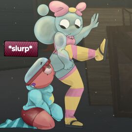 2girls background bubble dandy's_world female gacha_capsule gigi_(dandy's_world) on_knees poppy_(dandy's_world) rimming shucksfan tagme yuri