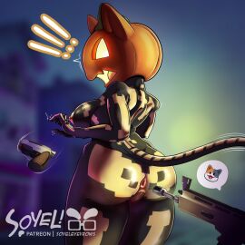 anthro anus ass assault_rifle big_breasts big_butt breasts calico_cat detailed_background devious_grin domestic_cat epic_games exclamation_point felid feline felis female food for_a_head fortnite fruit genitals gun handgun hi_res kit_(fortnite) male male/female mammal markings object_head pistol plant pumpkin pumpkin_head ranged_weapon rifle skeleton_bodypaint soyeleyevrows spice_(fortnite) surprised surprised_face tail thick_thighs vulva watermark weapon weapon_play wide_hips