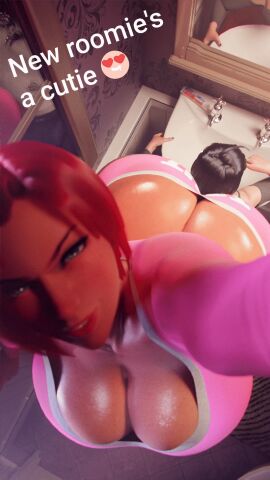 1boy 1girls 3d 9:16 animated ass ass_bigger_than_head ass_focus ass_jiggle ass_smothering bathroom butt_crush dominant_female female female_on_male femdom giantess green_eyes hand_gesture huge_ass humiliation jiggle_physics large_female loser_gesture male mini_giantess red_hair roommates scrag_boy smothering text_on_clothing text_on_underwear vertical_video