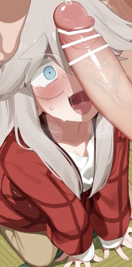 1boy :d absurdres akiyama_haruno bar_censor blue_eyes blush censored collarbone commentary_request erection female glasses highres male mizumizuni mono_(afro) open_mouth penis precum round_eyewear shirt smile straight sweat tears thick_eyebrows white_shirt