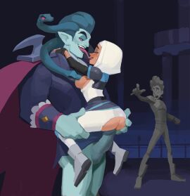 1girls 2boys 2d 2d_(artwork) 2d_artwork amugea arab arabian arabian_female beauty_mark blue_skin brown_skin count_nogrog cropped cropped_image cuck cuckold dark-skinned_female dark_skin edit female glitch_techs hector_nieves hijab hijabi hyung_(artist) interracial latino latino_male_arabian_female lifted_by_another lifting_person male muslim muslim_female petrification pink_eyes standing_sex zahra_rashid