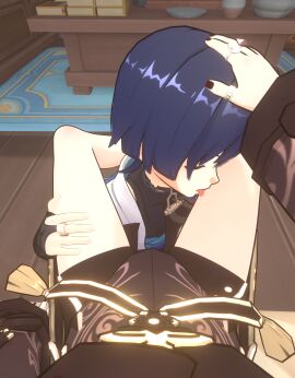 1boy 1girls 3d blue_hair closed_eyes female genshin_impact grabbing_head grabbing_thighs horny hu_tao_(genshin_impact) kneeling licking licking_thigh male patting petite pov scaramouche_(genshin_impact) shorts sitting sitting_on_bed thighs