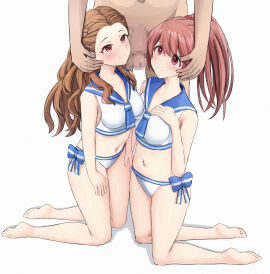 1boy 2girls barefoot bikini blue_sailor_collar blush braid brown_hair censored closed_mouth clothed_female_nude_male commentary_request female ffm_threesome forehead group_sex hair_between_eyes hand_on_own_chest highres idolmaster idolmaster_cinderella_girls kneeling large_variant_set legs long_hair male mosaic_censoring multiple_females multiple_girls navel nude penis purple_eyes red_eyes red_scrunchie sailor_bikini sailor_collar scrunchie seki_hiromi shiina_noriko side-tie_bikini_bottom simple_background standing straight swimsuit tabii thighs threesome variant_set white_background