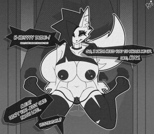 alex_(arcanashox) anthro arcanashox begging big_breasts big_nipples black_clothing black_hair black_legwear black_nipples black_thigh_highs bodily_fluids breasts canid canine canis clothing dialogue eyeshadow female genital_fluids hi_res impregnation_request kneeling lactating legwear makeup mammal monochrome nipples nude piercing pussy simple_background solo thigh_highs torn_clothing vaginal_fluids wolf wolf_tail